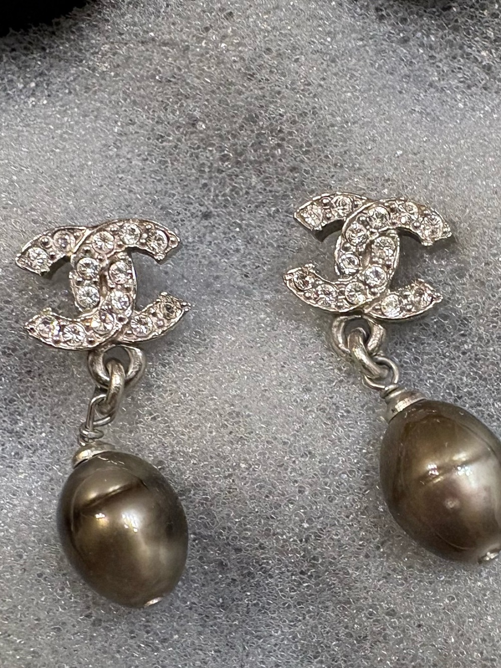 CHANEL Crystal CC Drop Earrings with Metallic Gray Pearls